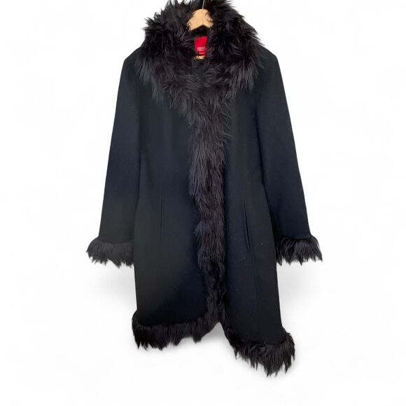 Vtg Y2K Pennylane black wool coat w/ black faux Mongolian afghan fur trim Sz XL - Picture 4 of 5